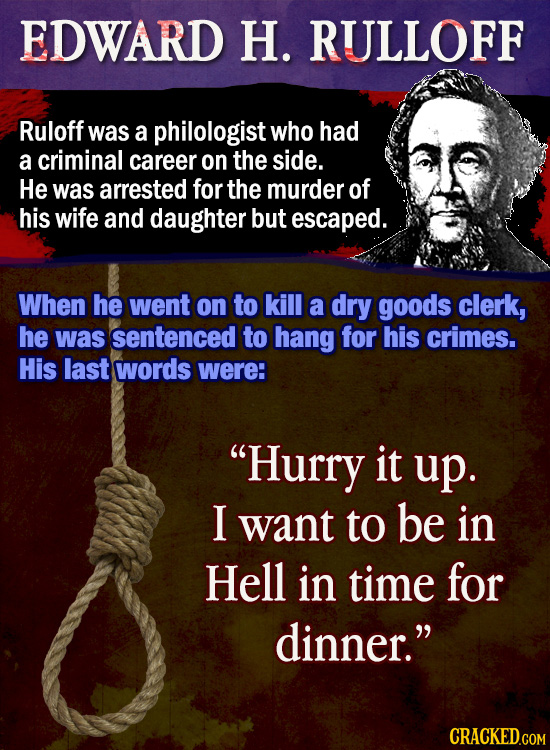 EDWARD H. RULLOFF Ruloff was a philologist who had a criminal career on the side. He was arrested for the murder of his wife and daughter but escaped.