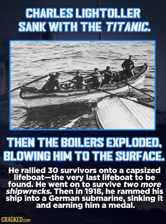CHARLES LIGHTOLLER SANK WITH THE TITANIC. THEN THE BOILERS EXPLODED, BLOWING HIM TO THE SURFACE. He rallied 30 survivors onto a capsized lifeboat-the 
