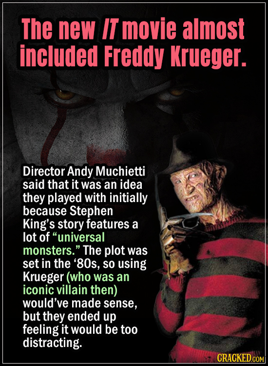 15 Early Drafts For Horror Movies That Are Totally Bonkers- The new IT movie almost included Freddy Krueger - Director Andy Muchietti said that it was