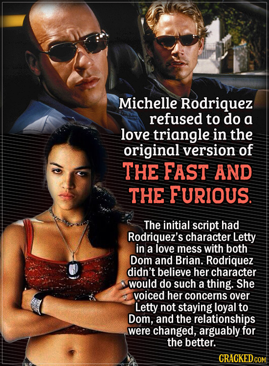 Actors Who Had To Put Their Foot Down During Filming - Michelle Rodriquez refused to do a love triangle in the original version of The Fast and the Fu