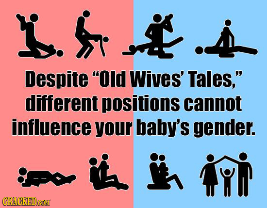 Despite Old Wives' Tales, different positions cannot influence your baby's gender. 