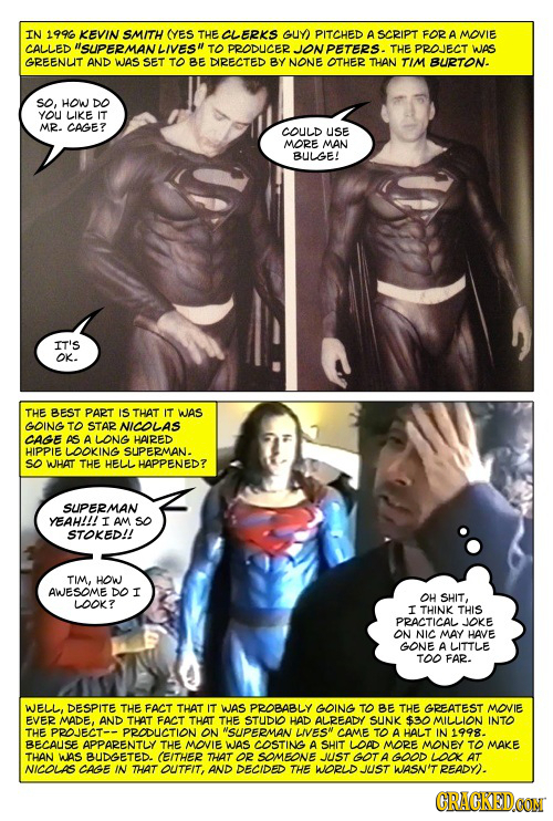 IN 199 KEVIN SMITH (YES THE CLERKS GUY PITCHED A SCRIPT FOR A MOVIE CALLED SUPERMANLIVES TO PRODUCER JON PETERS. THE PROJECT WAS GREENUT AND WAS SET