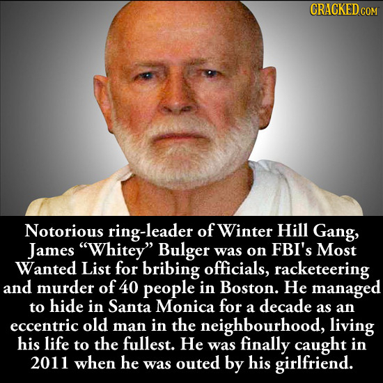 CRACKED COM Notorious ring-leader of Winter Hill Gang, James Whitey Bulger was on FBI's Most Wanted List for bribing officials, racketeering and mur