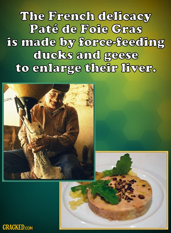 The French delicacy Pate de Foie Gras is made by force-feeding ducks and geese to enlarge their liver.