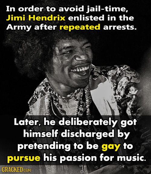 In order to avoid jail-time, Jimi Hendrix enlisted in the Army after repeated arrests. Later, he deliberately got himself discharged by pretending to
