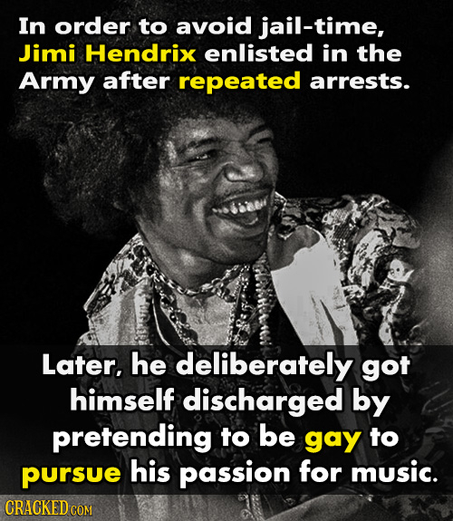 In order to avoid jail-time, Jimi Hendrix enlisted in the Army after repeated arrests. Later, he deliberately got himself discharged by pretending to 