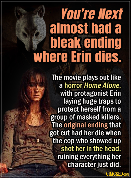15 Early Drafts For Horror Movies That Are Totally Bonkers - You’re Next almost had a bleak ending where Erin dies - The movie plays out like a horror