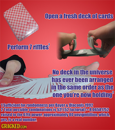 Open a fresh deck of cards Perform 7 riffles' No deck in the universe has ever been arranged in the same order as the one you're now holding? 1 fficie