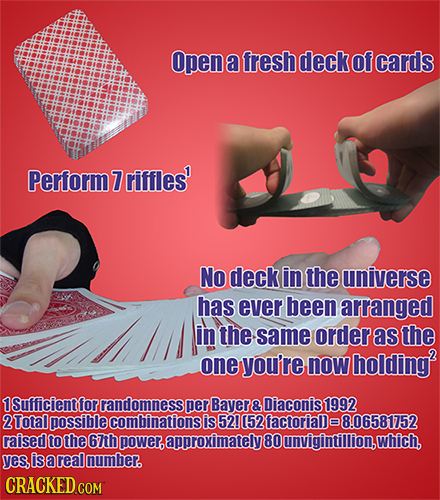 Open a fresh deck of cards Perform 7 riffles' No deck in the universe has ever been arranged in the same order as the one you're now holding? 1 fficie