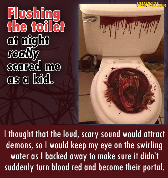 GRACKEDOOM Flushing the toilet at night reallly scared me as a kid. I thought that the loud, scary sound would attract demons, So I would keep my eye