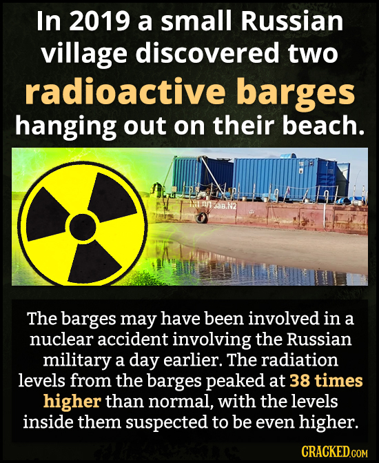 In 2019 a small Russian village discovered two radioactive barges hanging out on their beach. 3aB.N2 The barges may have been involved in a nuclear ac