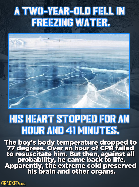 ATWO-YEAR-OLDFELL IN FREEZING WATER. HIS HEART STOPPED FOR AN HOUR AND 41 MINUTES. The boy's body temperature dropped to 77 degrees. Over an hour of C