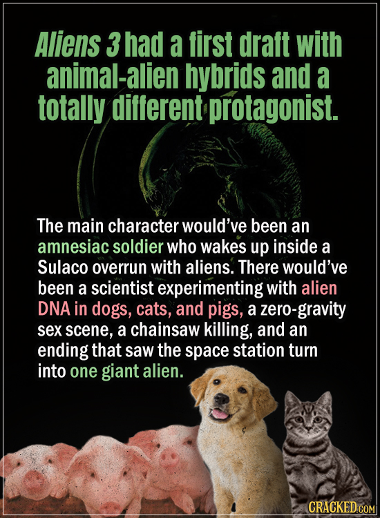 15 Early Drafts For Horror Movies That Are Totally Bonkers - Aliens 3 had a first draft with animal-alien hybrids and a totally different protagonist.