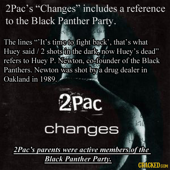 2Pac's Changes includes a reference to the Black Panther Party. The lines It's time to fight back', that's what Huey said 2 shots in the dark, now