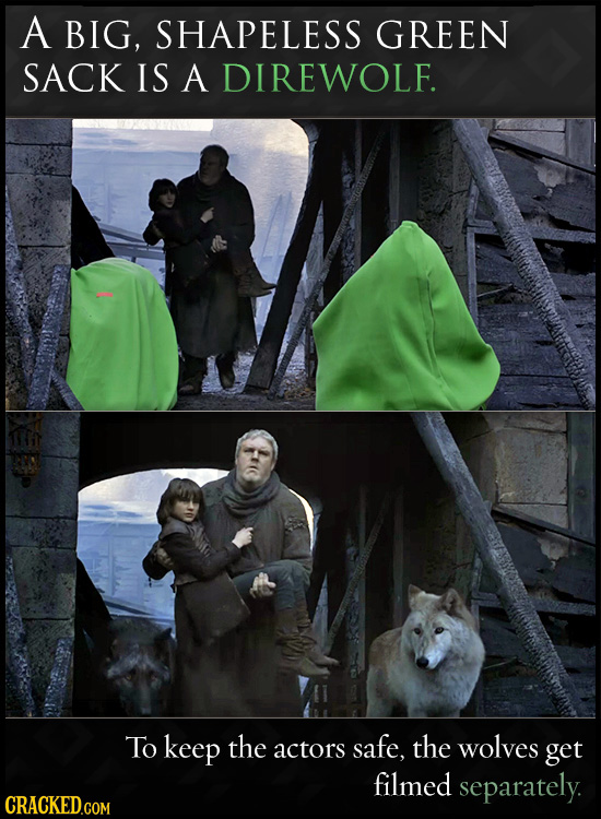 A BIG, SHAPELESS GREEN SACK IS A DIREWOLF. To keep the actors safe, the wolves get filmed separately. 