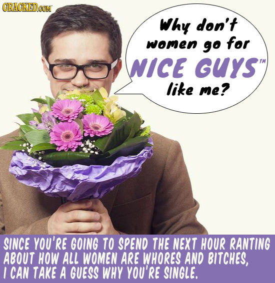 CRACKEDOON Why don't women go for NICE GUYS like me? SINCE YOU'RE GOING TO SPEND THE NEXT HOUR RANTING ABOUT HOW ALL WOMEN ARE WHORES AND BITCHES, I C