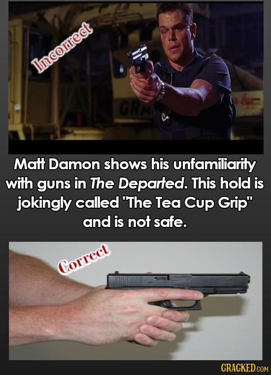 Tincorrect GRA Matt Damon shows his unfamiliarity with guns in The Departed. This hold is jokingly called 'The Tea Cup Grip and is not safe. Correct