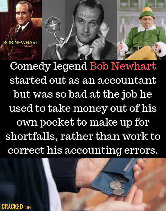 The BOB NEWHART Show Comedy legend Bob Newhart started out as an accountant but was so bad at the job he used to take money out of his own pocket to m