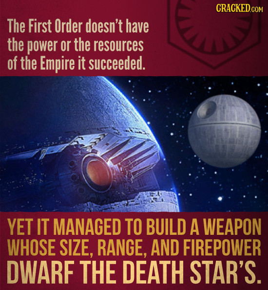 CRACKEDGOM The First Order doesn't have the power or the resources of the Empire it succeeded. YET IT MANAGED TO BUILD A WEAPON WHOSE SIZE, RANGE, AND
