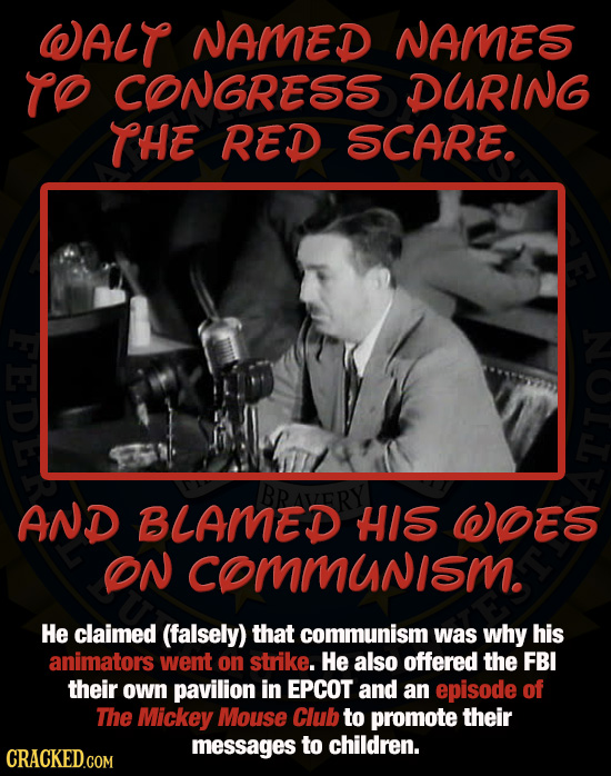 WALT NAMED NAMES TO CONGRESS DURING THE RED SCARE. FEDE BRAVERY AND BLAMED HIS WOES ON comMunism. He claimed (falsely) that communism was why his anim