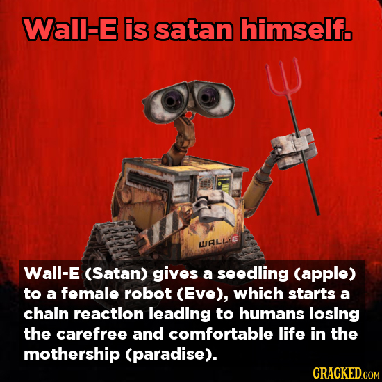 Wal-E is satan himself. WALLL Wall-E (Satan) gives a seedling (apple) to a female robot (Eve), which starts a chain reaction leading to humans losing