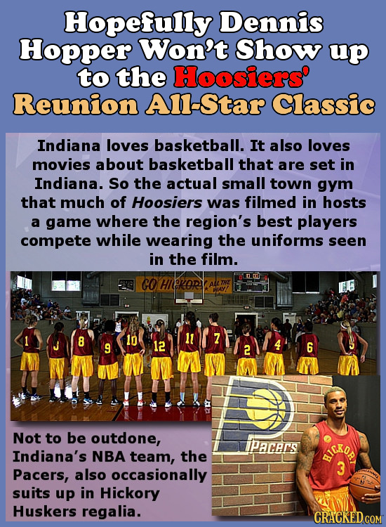 Hopefully Dennis Hopper Won't Show up to the Hoosiers' Reunion Al-Star Classic Indiana loves basketball. It also loves movies about basketball that ar