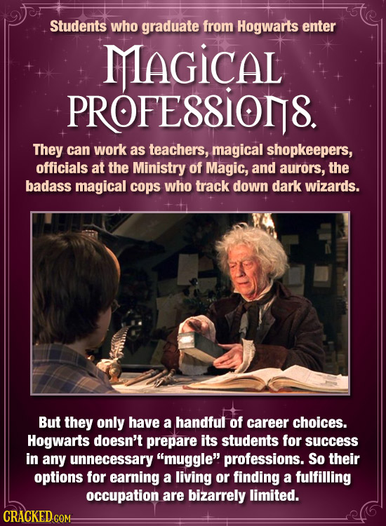 Students who graduate from Hogwarts enter MAGiCAL PROFESSIONS. They can work as teachers, magical shopkeepers, officials at the Ministry of Magic, and