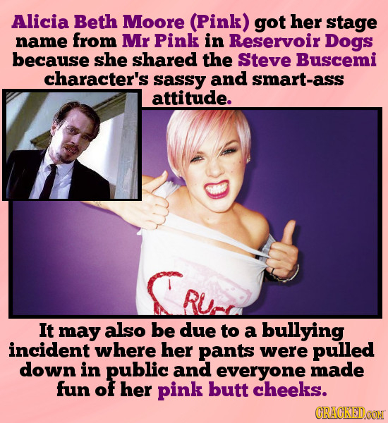 Alicia Beth Moore (Pink) got her stage name from Mr Pink in Reservoir Dogs because she shared the Steve Buscemi character's sassy and smart-ass attitu