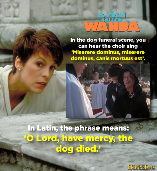 A FISH CALLED WANDA In the dog funeral scene, you can hear the choir sing 'Miserere dominus, miserere dominus, canis mortuus est'. In Latin, the phras