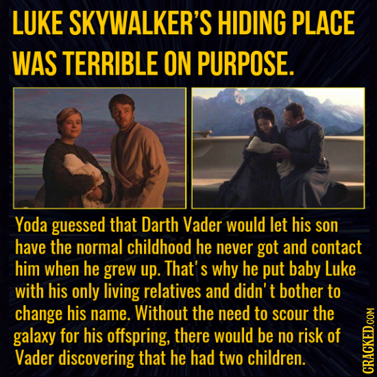 LUKE SKYWALKER'S HIDING PLACE WAS TERRIBLE ON PURPOSE. Yoda guessed that Darth Vader would let his son have the normal childhood he never got and cont