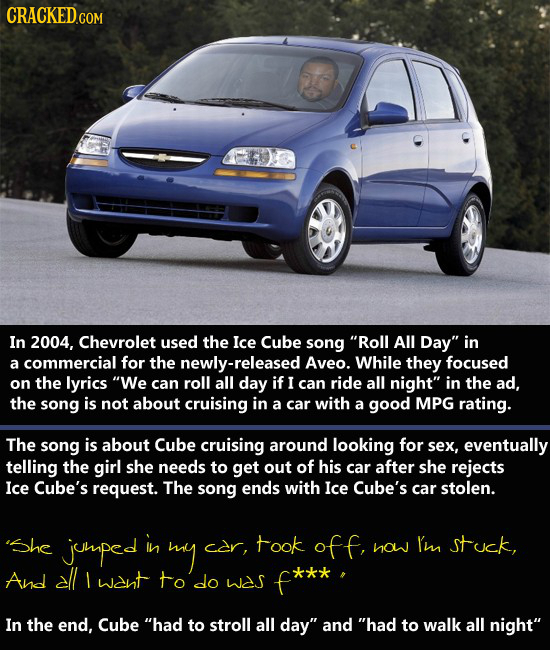 CRACKEDCO In 2004, Chevrolet used the Ice Cube song Roll All Day in a commercial for the newly-released Aveo. While they focused on the lyrics We c