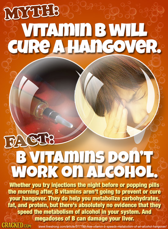 MYTH: VITAmIN B WILL CURE A HANGOVER. FAGT8 VITAmInS DON'T WORK on ALCOHOL. Whether you try injections the night before or popping pills the morning a