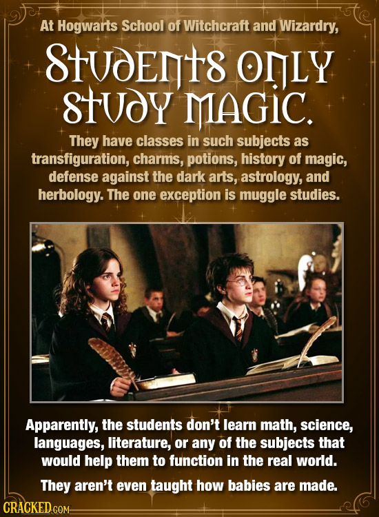 At Hogwarts School of Witchcraft and Wizardry, STUDEntS ONLY tvoy MAGIC. They have classes in such subjects as transfiguration, charms, potions, histo