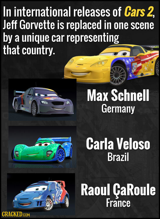 In international releases of Cars 2, Jeff Gorvette is replaced in one scene by a unique car representing that country. Max Schnell Germany Carla Velos