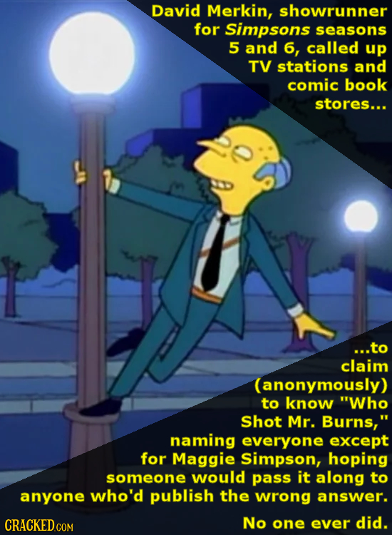 David Merkin, showrunner for Simpsons seasons 5 and 6, called up TV stations and comic book stores... ...to claim (anonymously) to know Who Shot Mr.