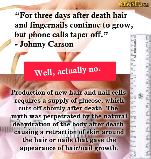 CRACKEDCON For three days after death hair and fingernails continue to grow, but phone calls taper off. - Johnny Carson >0 19 Well, actually no. Pro