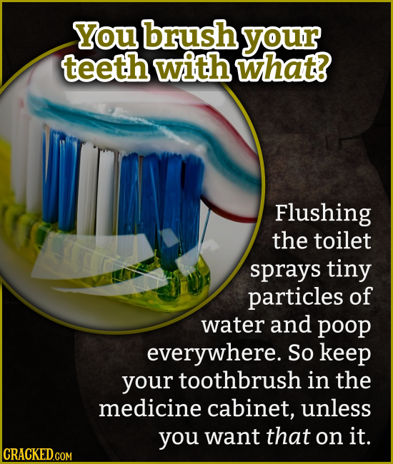 YoU brush your teeth with what? Flushing the toilet sprays tiny particles of water and poop everywhere. So keep your toothbrush in the medicine cabine