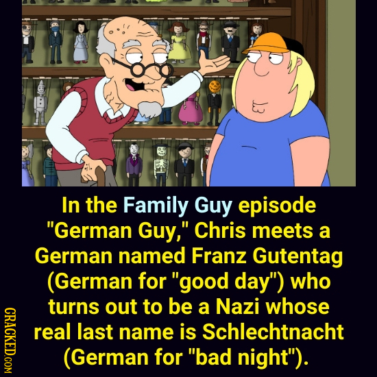 In the Family Guy episode German Guy, Chris meets a German named Franz Gutentag (German for good day) who turns out to be whose CRACKED.COM a Nazi