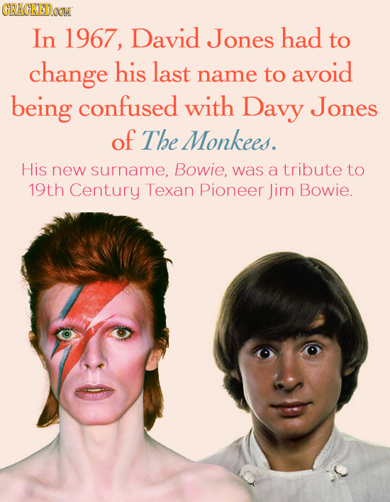 CRACKEDOON In 1967, David Jones had to change his last name to avoid being confused with Davy Jones of The Monkees. His new surname, Bowie, was a trib