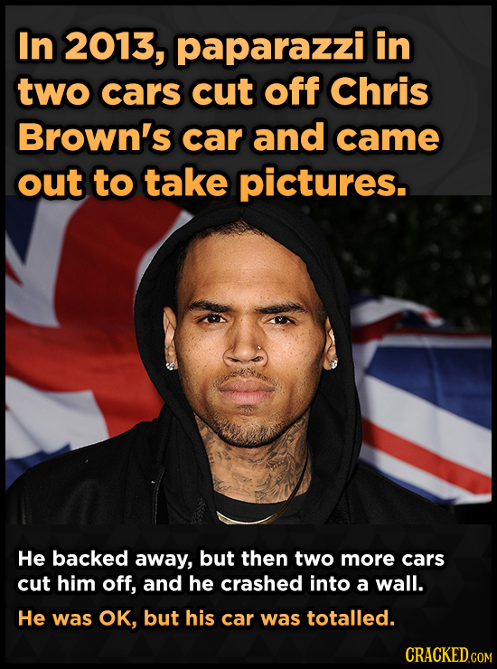 In 2013, paparazzi in two cars cut off Chris Brown's car and came out to take pictures. He backed away, but then two more cars cut him off, and he Cra