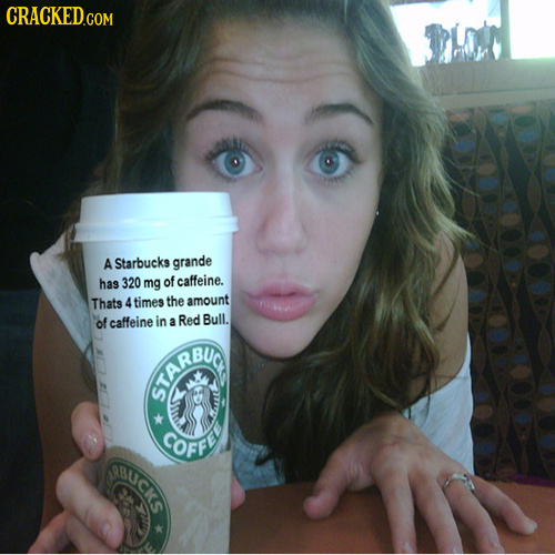 CRACKED A Starbucks grande has 320 mg of caffeine. Thats 4 times the amount of caffeine in a Red Bull. AR COFFE uCKS 