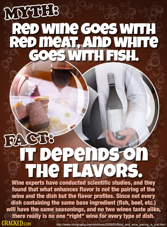MYTH: RED wine GOES WITH RED MEAT, And WHITE GOES WITH FISH. FAGT8 IT DepENDS on THE FLAVORS. Wine experts have conducted scientific studies, and they