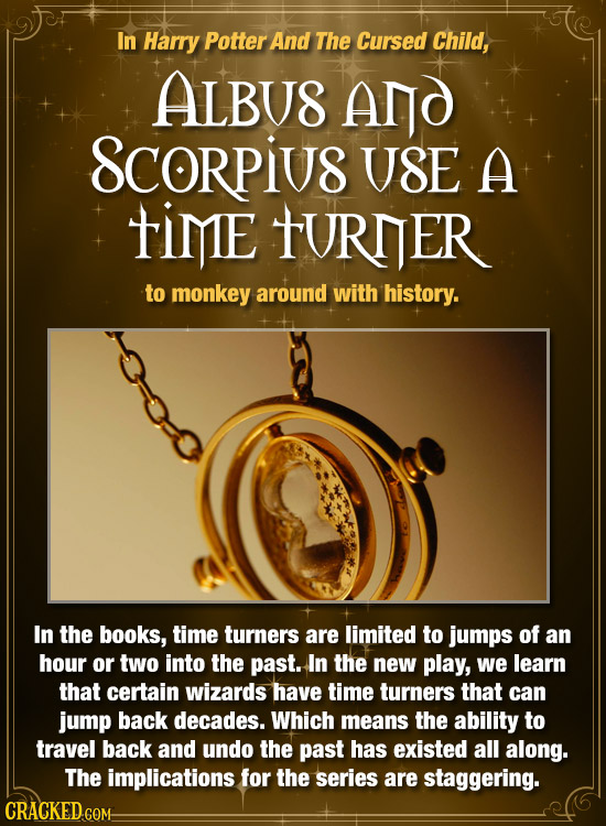 In Harry Potter And The Cursed Child, ALBU8 ANO SCORPIU8 USE A TIME TURNER to monkey around with history. In the books, time turners are limited to ju