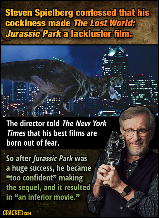 Steven Spielberg confessed that his cockiness made The Lost World: Jurassic Park a lackluster film. The director told The New York Times that his best