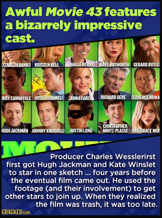 Awful Movie 43 features a bizarrely impressive cast. LIZABETHBANKS KRISTEN BELL HALLEBERRY. KATEBOSWORTH GERARD BUTLE BBY CANNAVALE JOSHDUHAMEL ANNA FARIS RICHARD GERE ERRENCEHO CHRISTOPHER HUGH JACKMAN JOHNNY KNOXVILLI JUSTINLONG MINTZ-PLASSE ILOE GRACE MOF Producer Charles Wesslerirst first got Hugh Jackman and Kate Winslet to star in one sketch... four years before the