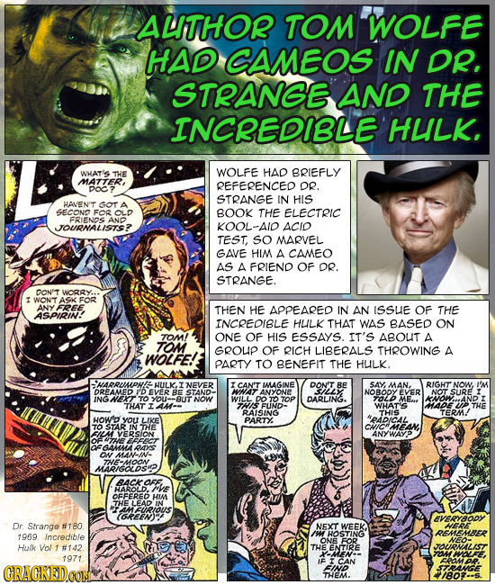 ALTHOR TOM WOLFE HAD CAMEOS IN DR. STRANGE AND THE INCREDIBLE HULK. THE HAD WHAT'S WOLFE BRIEFLY MATTER, REFERENCED DR. DOC STRANGE IN HIS HANENT GOT