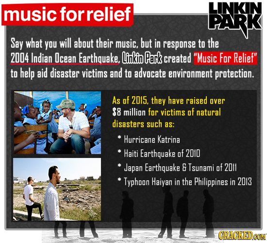 music for relief LINKIN PARK Say what YOu will about their music. but in response to the 2004 Indian Icean Earthquake. Linkin Park created Music For