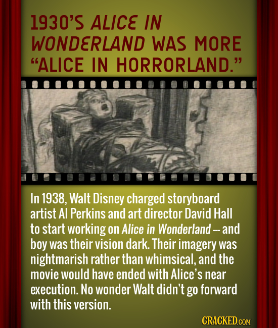 1930'S ALICE IN WONDERLAND WAS MORE ALICE IN HORRORLAND. In 1938, Walt Disney charged storyboard artist Al Perkins and art director David Hall to st