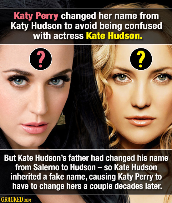 Katy Perry changed her name from Katy Hudson to avoid being confused with actress Kate Hudson. ? ? But Kate Hudson's father had changed his name from