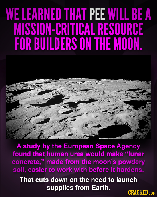 WE LEARNED THAT PEE WILL BE A MISSION-CRITICAL RESOURCE FOR BUILDERS ON THE MOON. A study by the European Space Agency found that human urea would mak